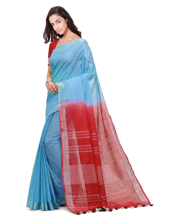 Electric_Blue_&_Red_women's_Handloom_Bhagalpuri_Cotton_Slub_Blend_Two_Dye_Saree_With_Running_Unstitched_Blouse_Piece