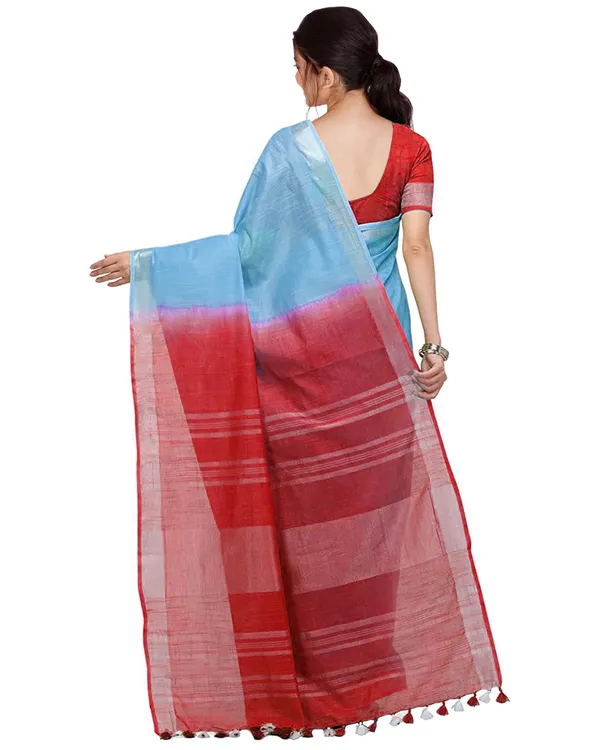 Electric_Blue_&_Red_women's_Handloom_Bhagalpuri_Cotton_Slub_Blend_Two_Dye_Saree_With_Running_Unstitched_Blouse_Piece