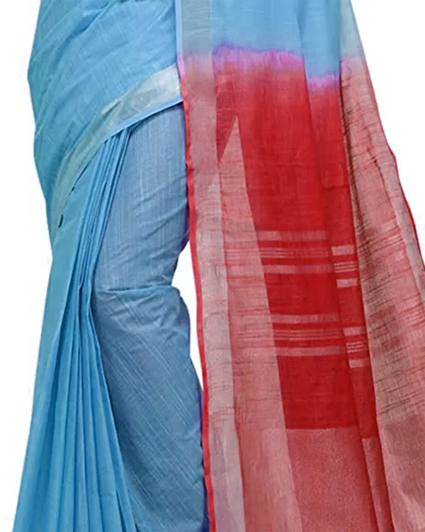 Electric_Blue_&_Red_women's_Handloom_Bhagalpuri_Cotton_Slub_Blend_Two_Dye_Saree_With_Running_Unstitched_Blouse_Piece