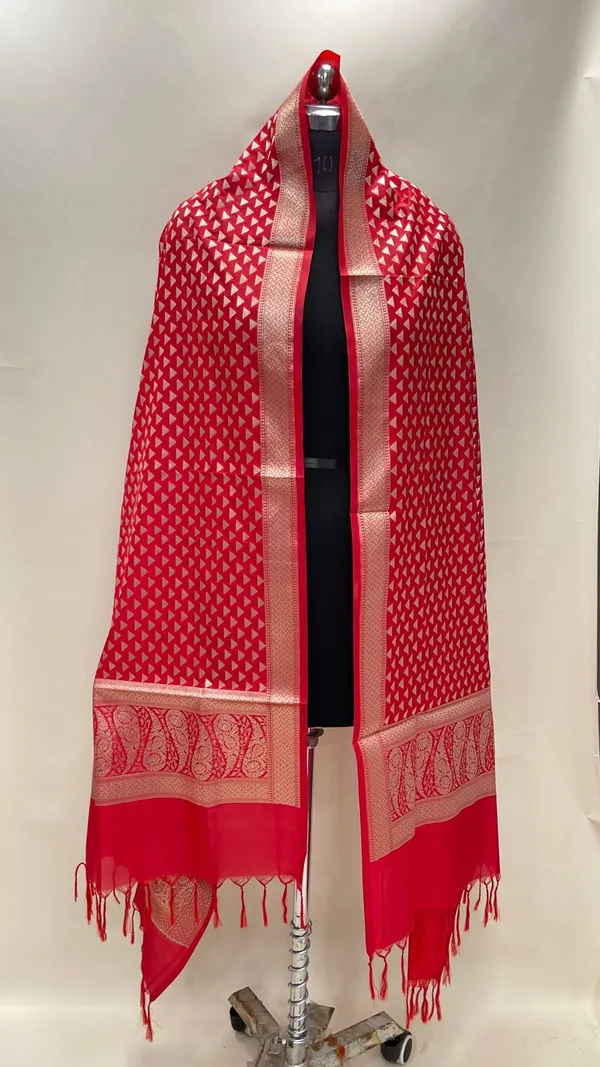 Humairah_Presents_Red_Semi_Katan_Silk_Golden_Zari_Triangle_Booti_With_Banarasi_Zari_Border_Banarasi_Dupatta