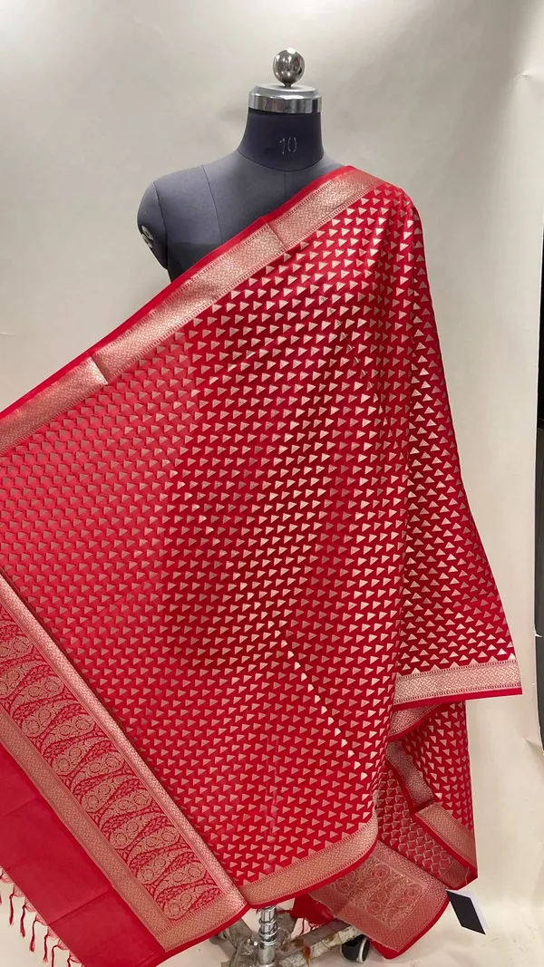 Humairah_Presents_Red_Semi_Katan_Silk_Golden_Zari_Triangle_Booti_With_Banarasi_Zari_Border_Banarasi_Dupatta