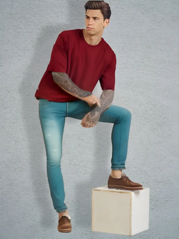 Maroon_Oversized_Printed_Half_Sleeve_Cotton_T-Shirt_For_Men