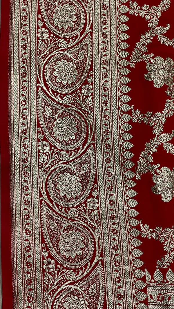 Humairah_Presents_Red_Satin_Silk_Silver_Zari_Boota_Jaal_with_Silver_Zari_Border_saree_and_Red_Blouse