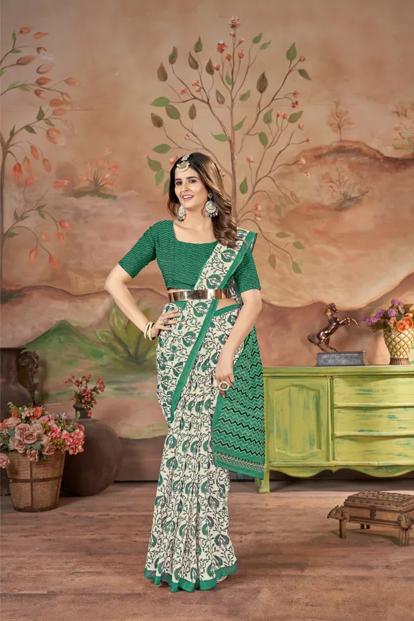 Ikkat_Print_Pure_Soft_Cotton_saree_With_Blouse_Piece