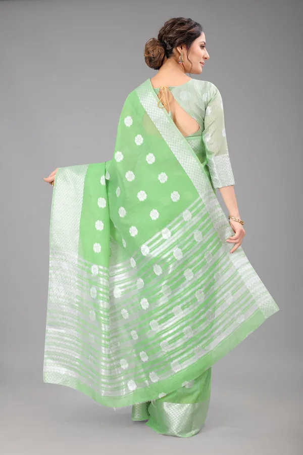 Parrot_Perrot_Pure_Soft_Linen_Saree_With_Silver_Zari_Butta_For_Women