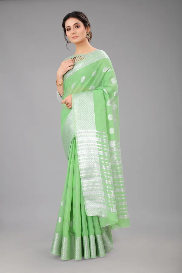 Parrot_Perrot_Pure_Soft_Linen_Saree_With_Silver_Zari_Butta_For_Women