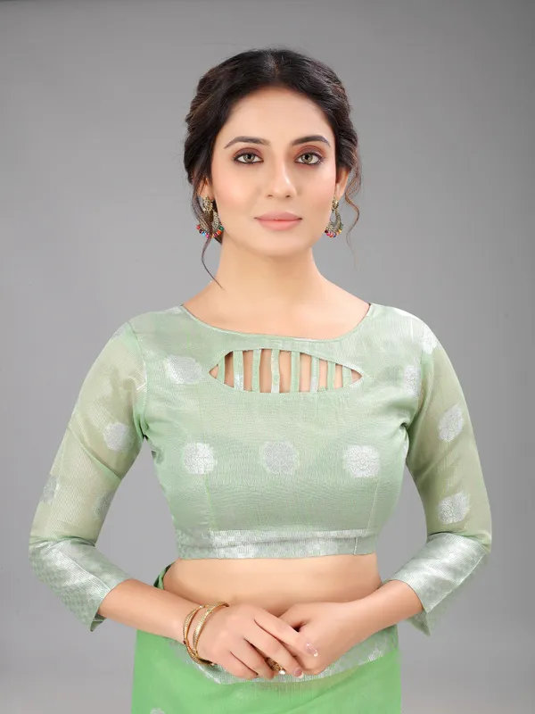 Parrot_Perrot_Pure_Soft_Linen_Saree_With_Silver_Zari_Butta_For_Women