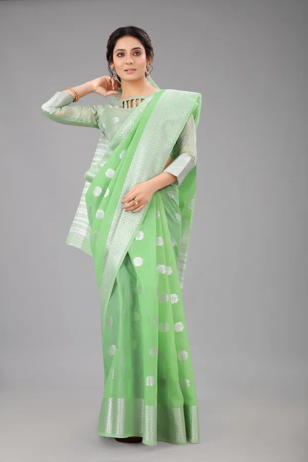 Parrot_Perrot_Pure_Soft_Linen_Saree_With_Silver_Zari_Butta_For_Women