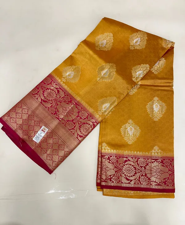 Humairah_Pure_Handloom_Gold_Dupion_Silk_Golden_Zari_Silver_Mina_Boota_Skirt_Maroon_Border_with_Floral_Kadiyal_Pallu_and_Maroon_Blouse