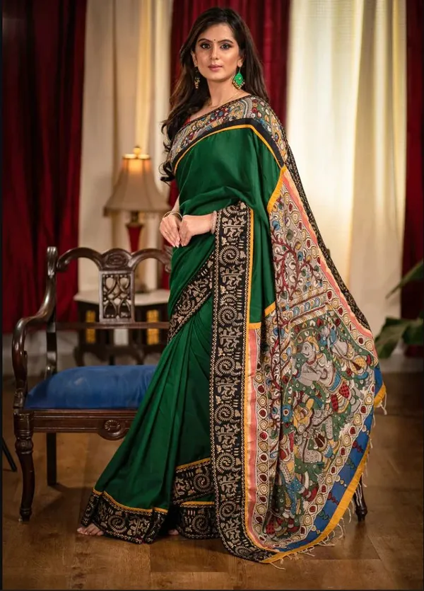 Green_Colour_Linen_Saree_(With_Unstitched_Blouse_Piece)_(For_Women)