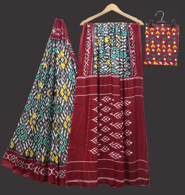 HANDICRAFT_WOMEN'S_Ikkat_PRINT_PURE_SOFT_COTTON_SAREE_WITH_BLOUSE_PIECE_With_Blouse_Piece