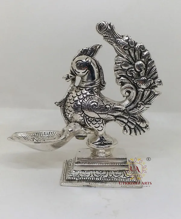 Silver_Plated_Metal_Peacock_Design_Annapakshi_Deepam_Oil_lamp_for_Temple_,_Office_&_Home_Decor_Decorative_Showpiece_-_14.5_cm_(Metal,_Silver)