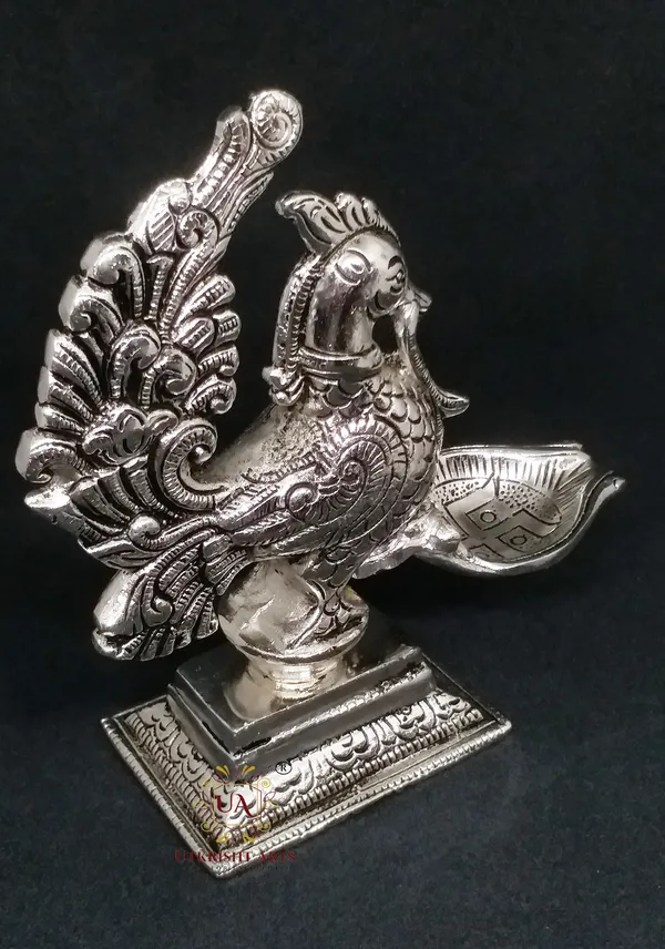 Silver_Plated_Metal_Peacock_Design_Annapakshi_Deepam_Oil_lamp_for_Temple_,_Office_&_Home_Decor_Decorative_Showpiece_-_14.5_cm_(Metal,_Silver)