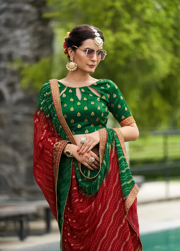 Georgette_material_bandhej_printed_hand_foil_saree_with_banarasi_blouse_piece