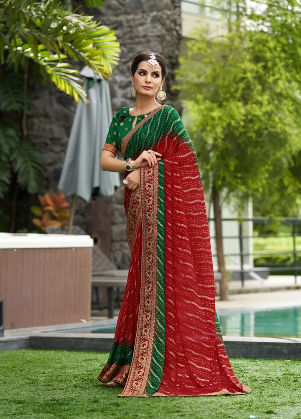 Georgette_material_bandhej_printed_hand_foil_saree_with_banarasi_blouse_piece