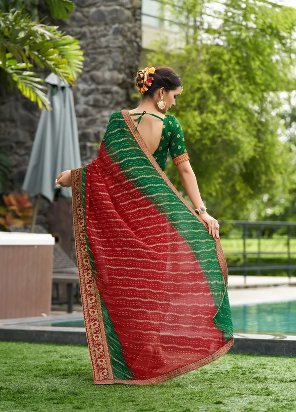 Georgette_material_bandhej_printed_hand_foil_saree_with_banarasi_blouse_piece