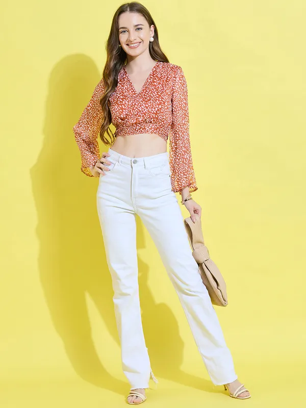 Orange_Chiffon_Casual_Animal_Print_V-Neck_Regular_Fit_Top_For_Women
