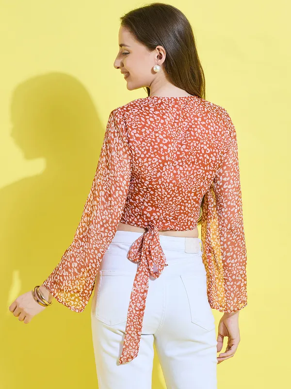 Orange_Chiffon_Casual_Animal_Print_V-Neck_Regular_Fit_Top_For_Women