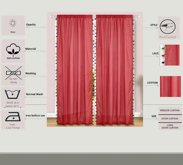 Pack_of_2_Cotton_Red_Sheer_Multicolor_Pompom_Rod_Pocket_Curtain_Set_for_Window_and_Door