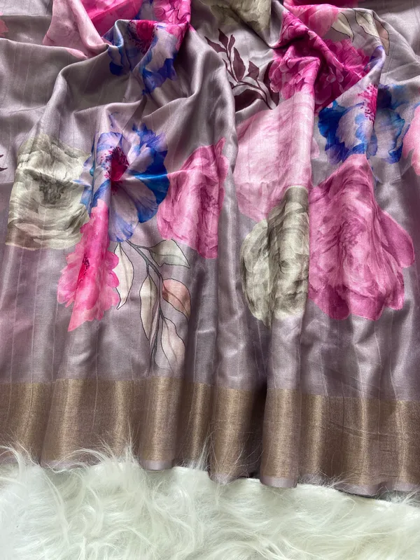 Soft_Tussar_Silk_sarees_with_Beautiful_Print_With_Attractive_Border_And_Contrast_Print_Blouse_With_Tassels