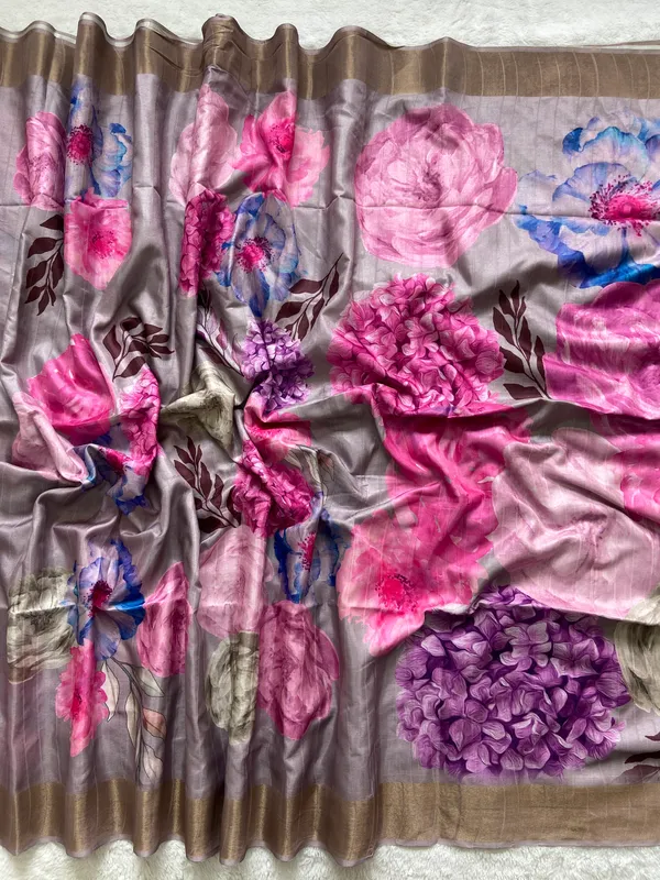Soft_Tussar_Silk_sarees_with_Beautiful_Print_With_Attractive_Border_And_Contrast_Print_Blouse_With_Tassels