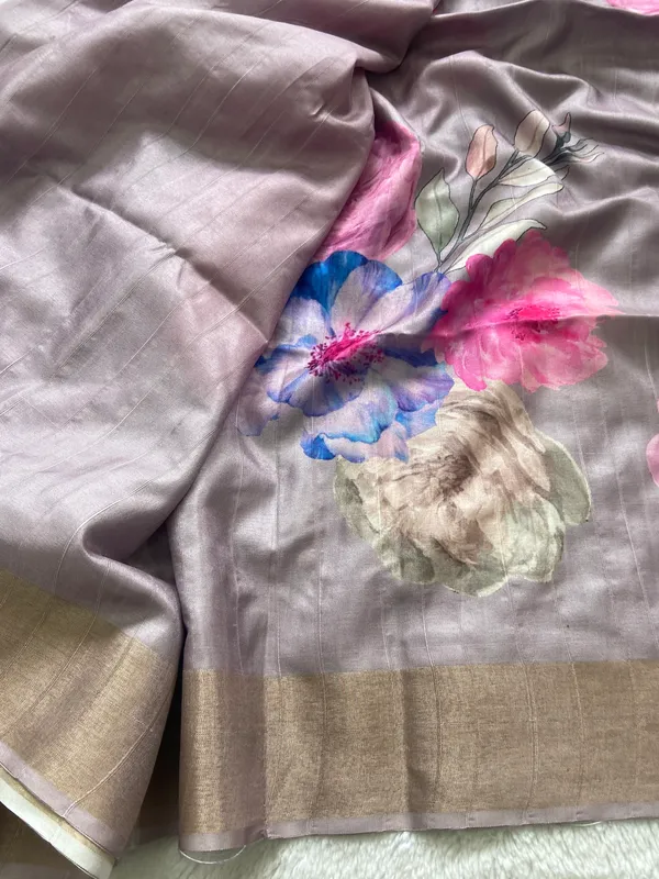 Soft_Tussar_Silk_sarees_with_Beautiful_Print_With_Attractive_Border_And_Contrast_Print_Blouse_With_Tassels