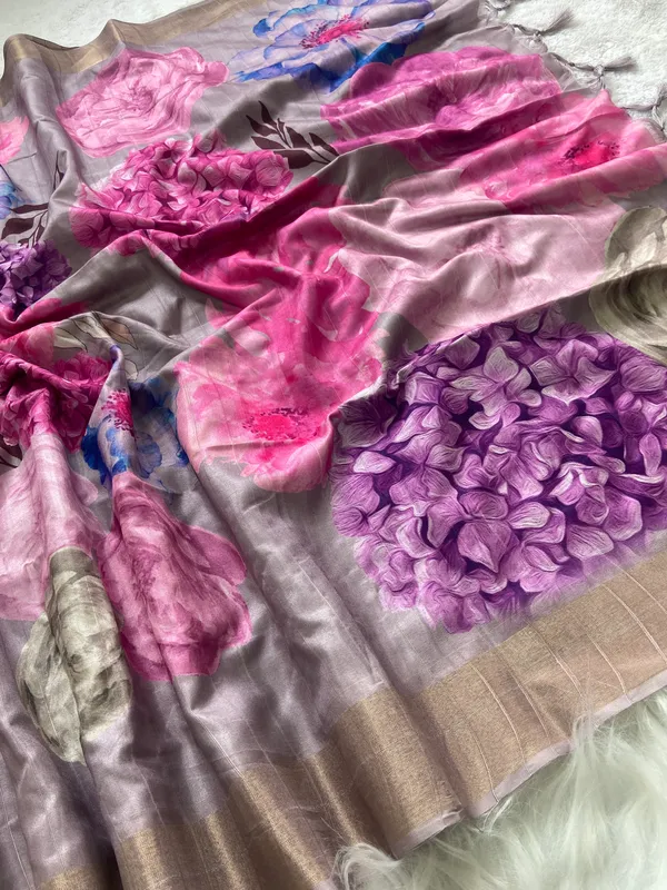 Soft_Tussar_Silk_sarees_with_Beautiful_Print_With_Attractive_Border_And_Contrast_Print_Blouse_With_Tassels