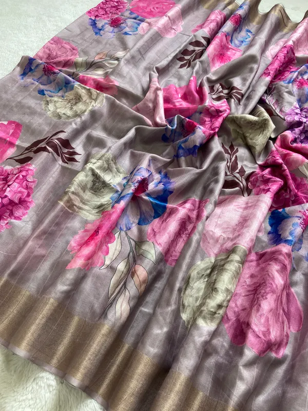 Soft_Tussar_Silk_sarees_with_Beautiful_Print_With_Attractive_Border_And_Contrast_Print_Blouse_With_Tassels