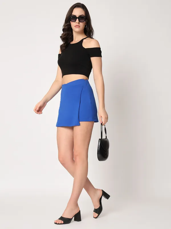 Zastraa_Blue_High_Waist_Scuba_Mini_Skorts