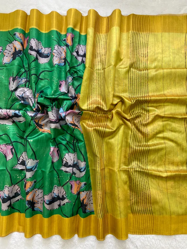 Saraswati_Green_–_Divine_Wisdom_Navratri_Special_|_Soft_Tussar_Silk_Saree_with_Print,_Border_&_Contrast_Print_Blouse_with_Tassels