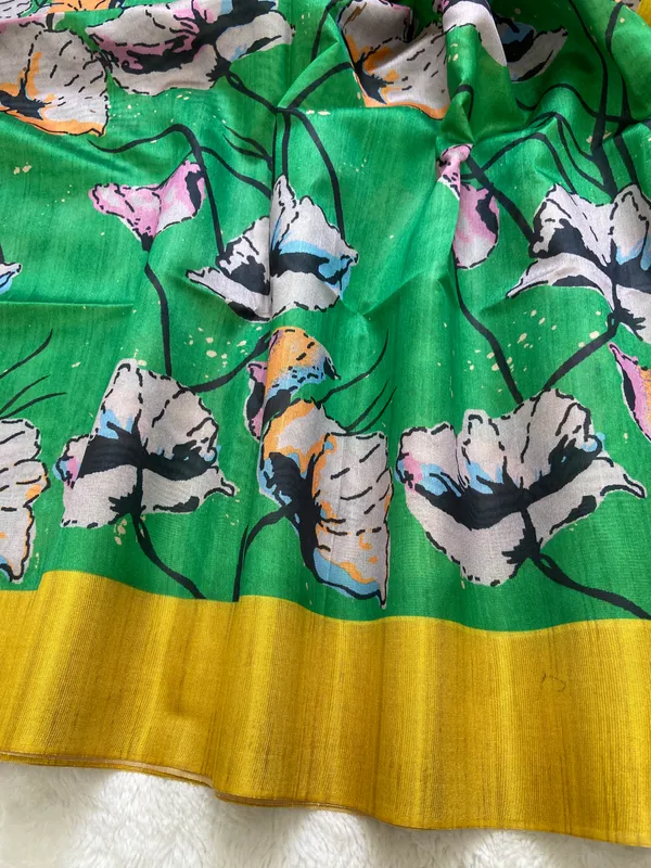 Saraswati_Green_–_Divine_Wisdom_Navratri_Special_|_Soft_Tussar_Silk_Saree_with_Print,_Border_&_Contrast_Print_Blouse_with_Tassels