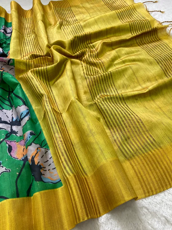 Saraswati_Green_–_Divine_Wisdom_Navratri_Special_|_Soft_Tussar_Silk_Saree_with_Print,_Border_&_Contrast_Print_Blouse_with_Tassels