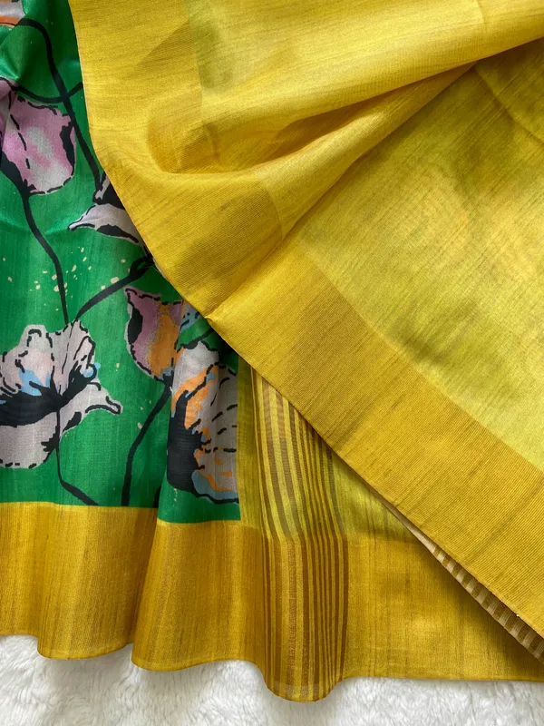 Saraswati_Green_–_Divine_Wisdom_Navratri_Special_|_Soft_Tussar_Silk_Saree_with_Print,_Border_&_Contrast_Print_Blouse_with_Tassels
