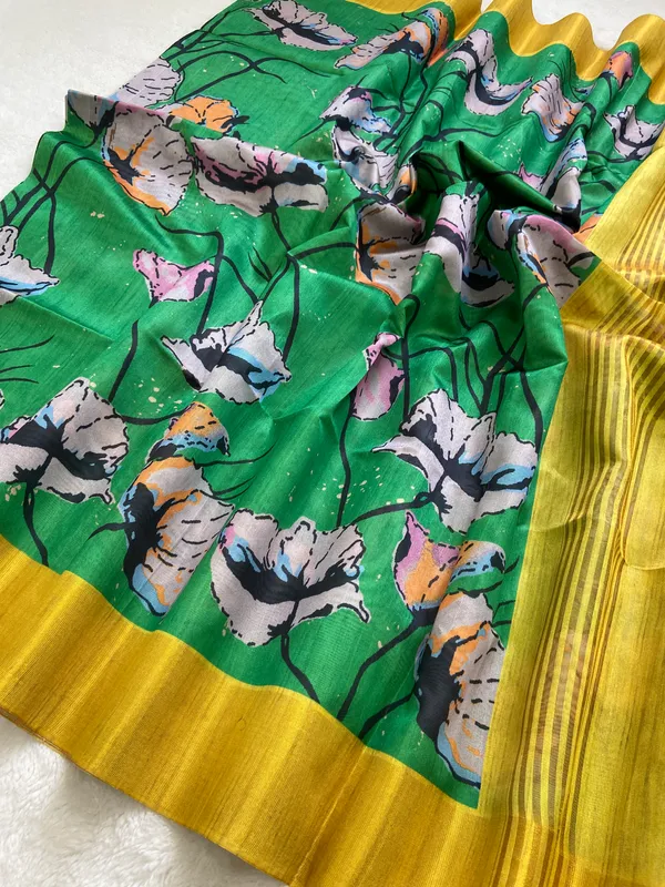 Saraswati_Green_–_Divine_Wisdom_Navratri_Special_|_Soft_Tussar_Silk_Saree_with_Print,_Border_&_Contrast_Print_Blouse_with_Tassels