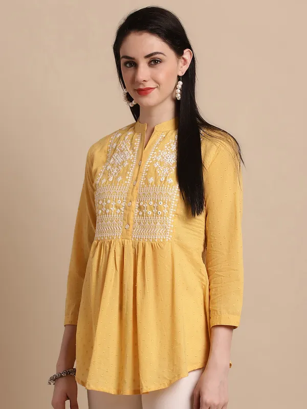 Yellow_Cotton_Embroidered_Flare_Style_Short_Kurti