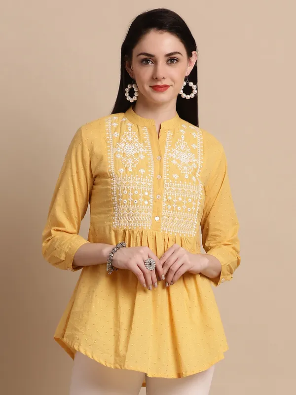 Yellow_Cotton_Embroidered_Flare_Style_Short_Kurti