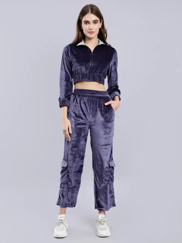 Women_Velvet_Grey_Shirt_Collared_Crop_Jacket_With_Trousers_Co-ords_Set