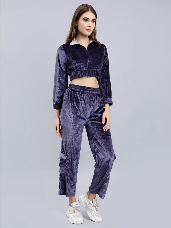 Women_Velvet_Grey_Shirt_Collared_Crop_Jacket_With_Trousers_Co-ords_Set