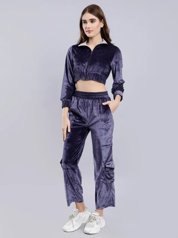 Women_Velvet_Grey_Shirt_Collared_Crop_Jacket_With_Trousers_Co-ords_Set