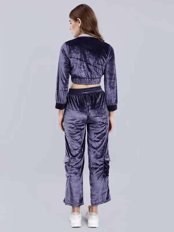 Women_Velvet_Grey_Shirt_Collared_Crop_Jacket_With_Trousers_Co-ords_Set