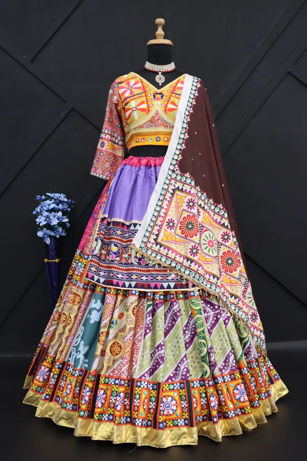 Multi_Mustard_Lehenga_Choli_With_Mirror_Work_And_Attached_Black_Dupatta