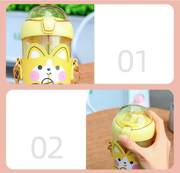 Yellow_Dual_Compartment_Drink_Bottle_For_KG_School_Kids_|_530_mL_With_Strap_|__Adorable_Animal