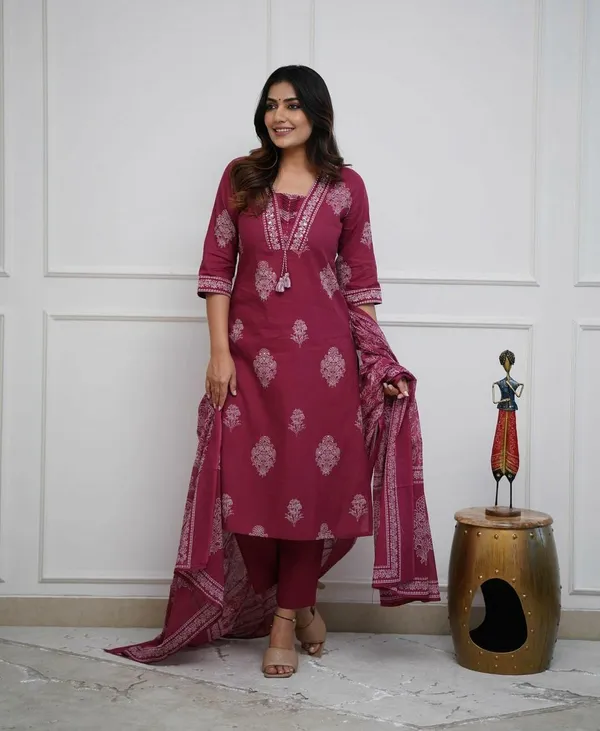 Brown_Cotton_Regular_Fit_Solid_Kurta_Pant_And_Dupatta_Set_For_Women
