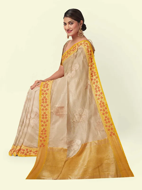 Peach_Cotton_Blend_Banarasi_Sarees_For_Women