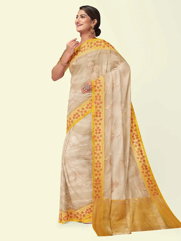 Peach_Cotton_Blend_Banarasi_Sarees_For_Women