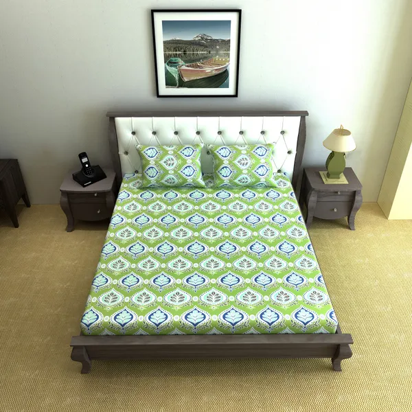 144_TC_Bedsheet_For_Double_Bed_With_2_Pillow_cover_Greeny_Garden_(222_x_254_CM)_Apple_Green
