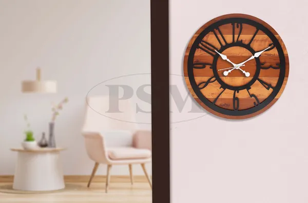 LASER_CUT_WOODEN_WALL_CLOCK_IVORY_BROWN_BLACK_15_INCH_ROUND_PSM_1119