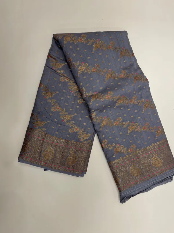 Humairah_Pure_Handwoven_Grey_Muga_Silk_Aada_Diagonal_Zari_Mina_Jaal_Chunri_Booti_Paisley_Anchal_Minakari_Zari_Paisley_Border_Banarasi_Saree_with_Grey_Blouse_piece