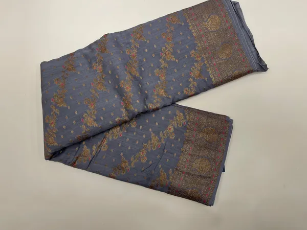 Humairah_Pure_Handwoven_Grey_Muga_Silk_Aada_Diagonal_Zari_Mina_Jaal_Chunri_Booti_Paisley_Anchal_Minakari_Zari_Paisley_Border_Banarasi_Saree_with_Grey_Blouse_piece