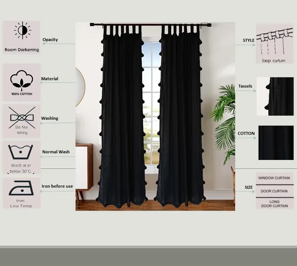 Pack_of_2_Cotton_Black_Sheer_Summer_fun_Tassel_Tab_Top_Window_Curtain_Set_for_Bedroom_and_Living_Room